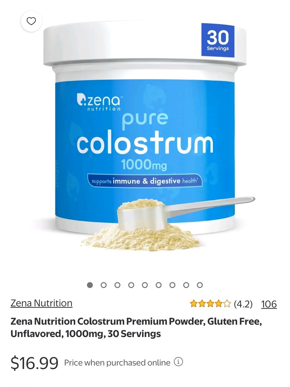 Zena Nutrition Pure Colostrum 1000mg - Blue Tub